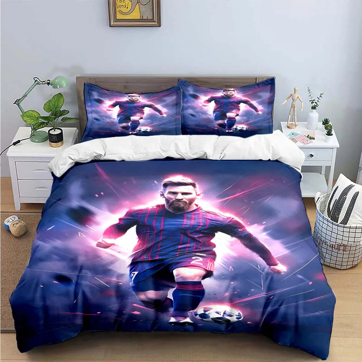 A dark blue and purple soccer-themed duvet cover set featuring a male soccer player design.