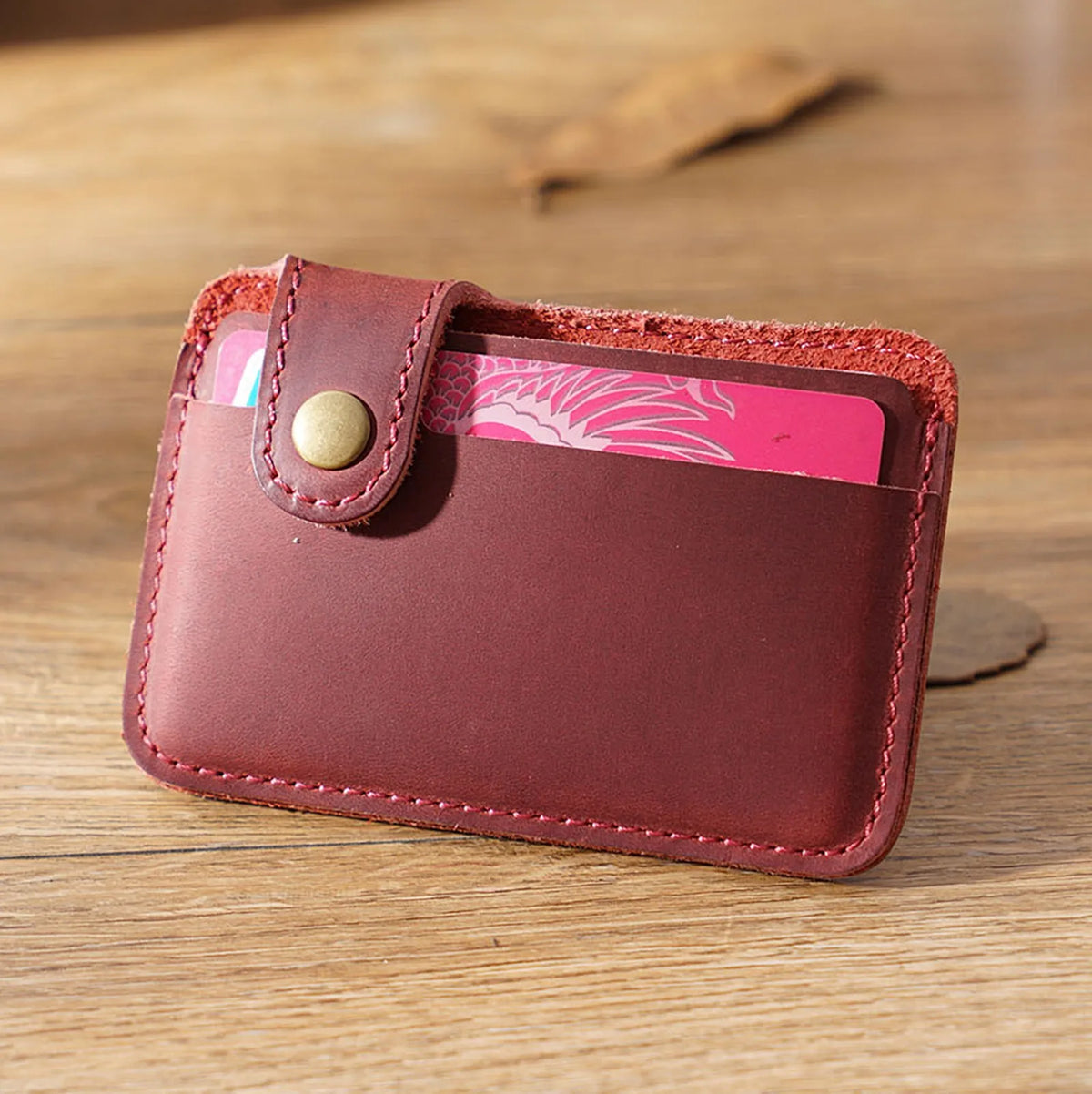Vintage Leather Slim Card Holder with Snap Closure
