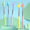 A set of five colorful retractable teacher pointers in lime green, blue, purple, yellow, and pink.
