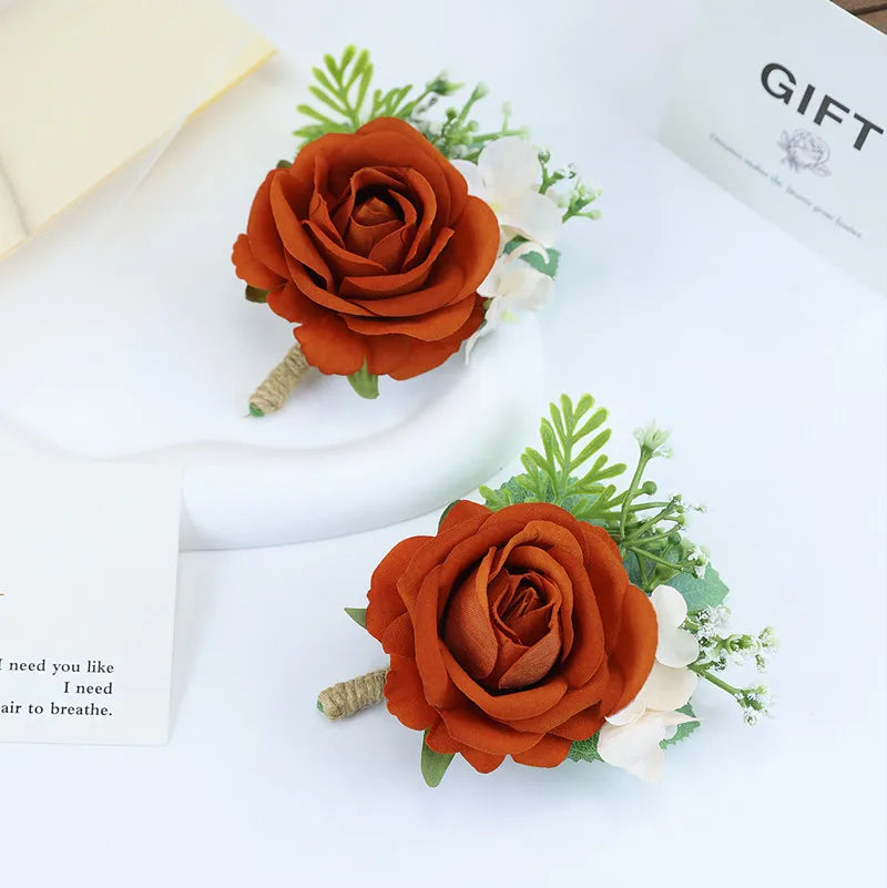 Burnt Orange Silk Boutonniere Set for Wedding Groom and Groomsmen