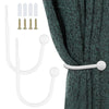 White retro iron curtain tieback hooks with U-shaped holders and screws shown next to a teal fabric.