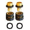 Set of three brass quick connectors for a 3/4-inch garden hose, including fittings and a black rubber ring.