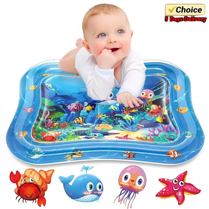 Inflatable baby water play mat with various sea creatures and a starfish for sensory development