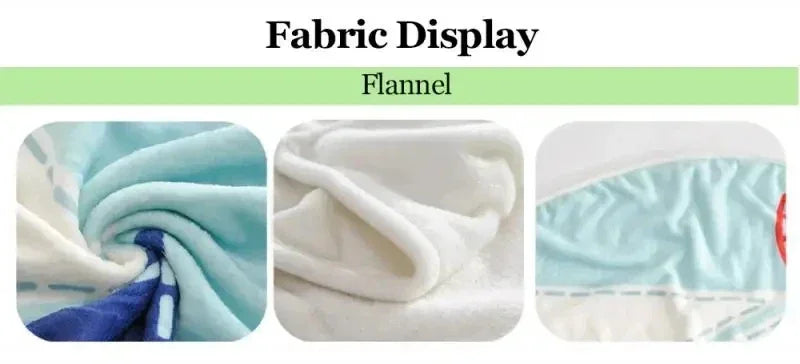 Close-up display of light blue and white flannel fabric showing various folds and textures.