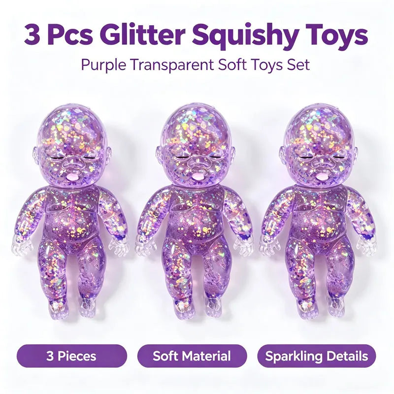 A set of three purple transparent glitter squishy toys made of soft material