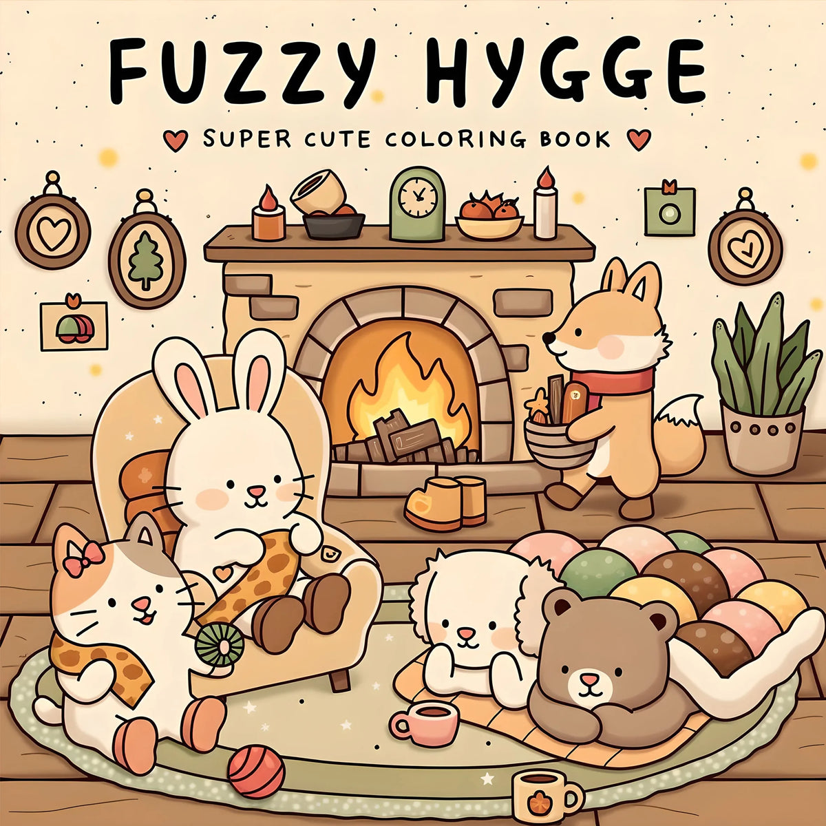 A cute illustration featuring a fox, a rabbit, and a cat surrounded by cozy elements like a fireplace and various objects for