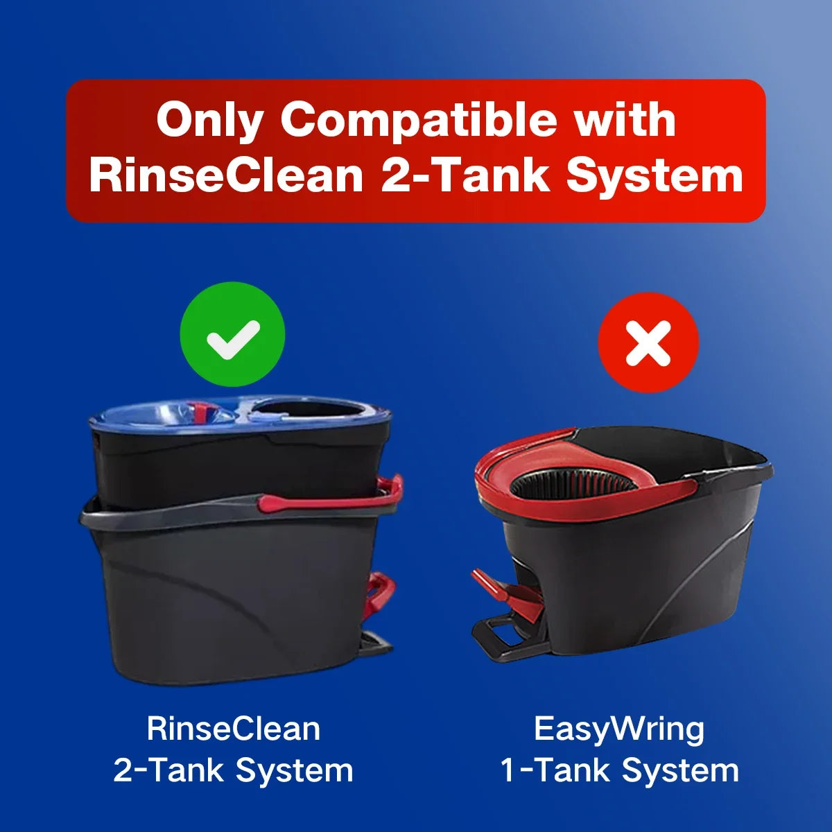 A comparison showing a RinseClean 2-Tank System product and an EasyWring 1-Tank System product.
