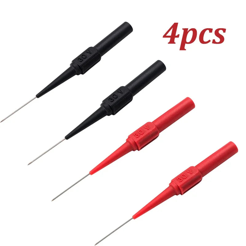 Four black and red multimeter back-piercing test probe needles with 30V markings