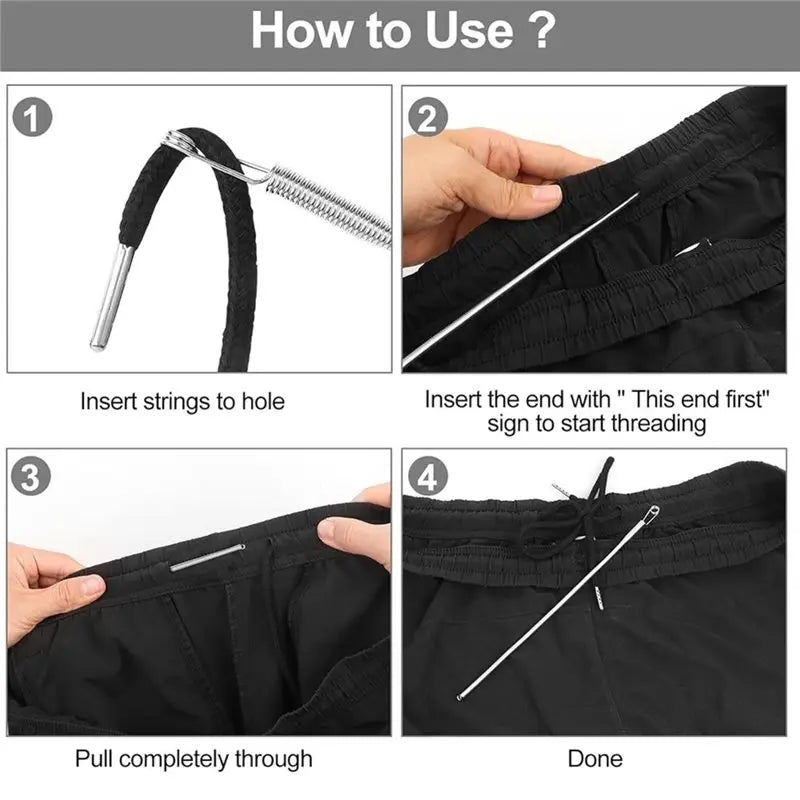Step-by-step guide showing how to use a drawstring replacement kit to thread fabric.