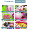 Six steps showing how to paint a diamond art piece using adhesive and a pen