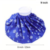 Blue reusable ice pack with a white secure wrap, measuring 9 inches.