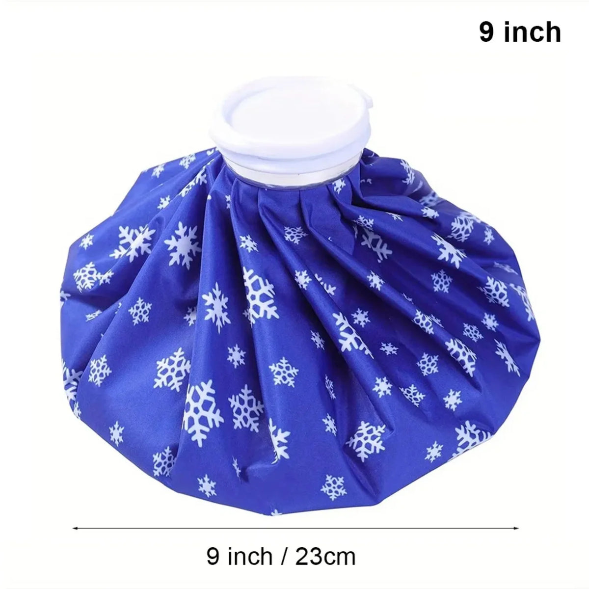 Blue reusable ice pack with a white secure wrap, measuring 9 inches.
