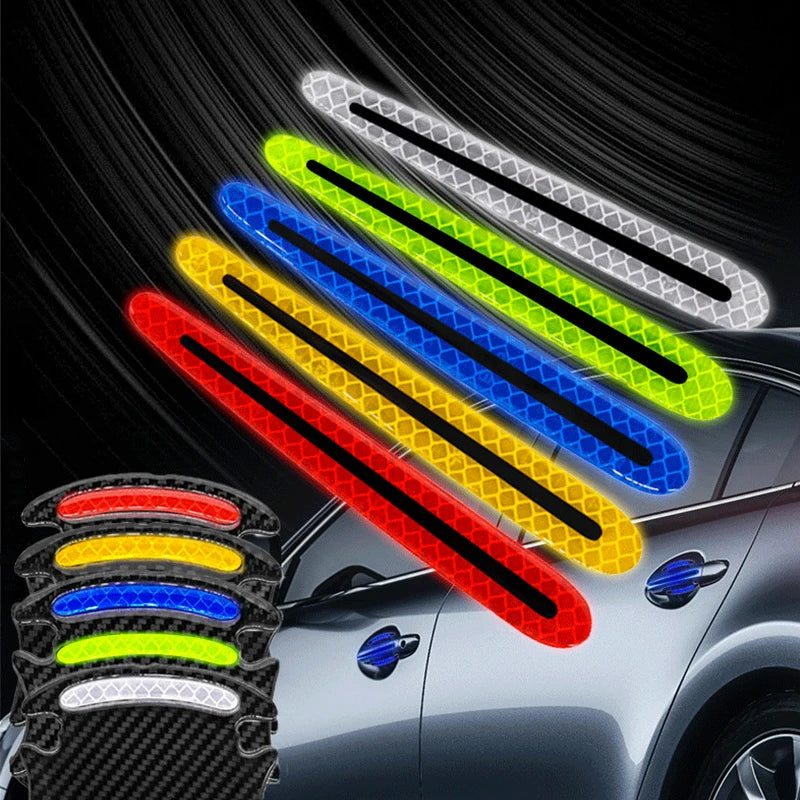 Eight reflective stickers protecting a car door handle, featuring various colors like red, yellow, green, and blue.