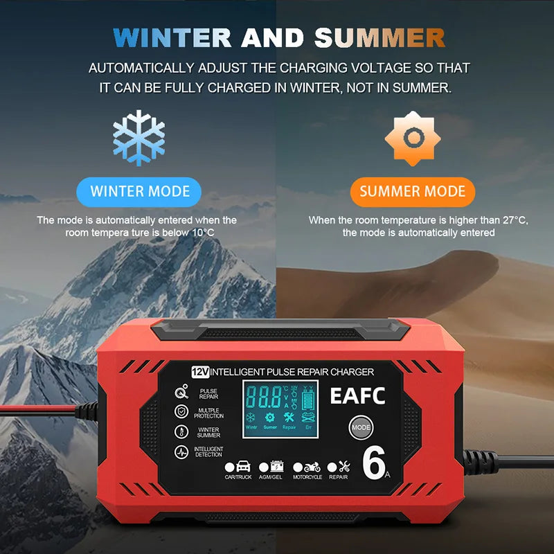 An orange and black 12V intelligent pulse repair charger device with an LCD display is shown against a snowy mountain backgro