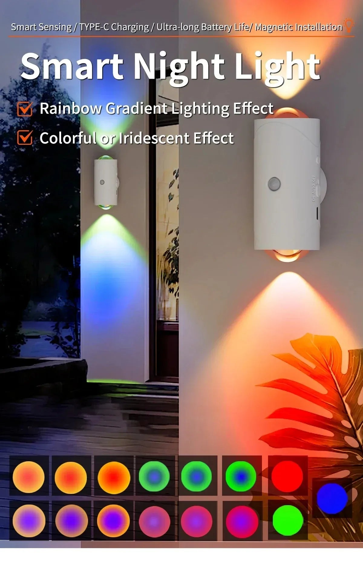 A smart night light emitting rainbow gradient and iridescent colors, mounted on a wall.