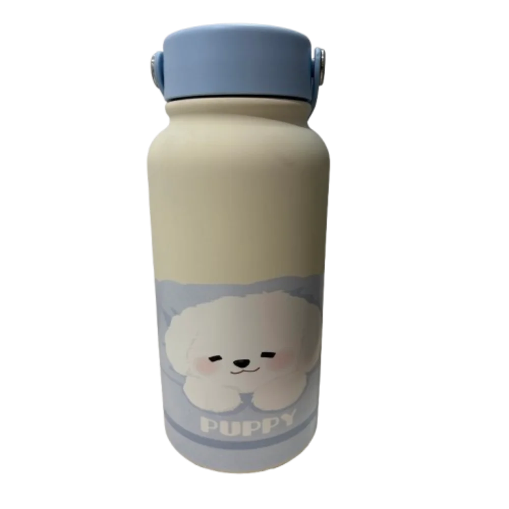 Botella térmica beige claro con tapa azul claro y diseño de cachorro blanco y la palabra PUPPY.