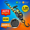 Black and yellow retractable ratchet tie down straps showing heavy duty quality and 3.3m length