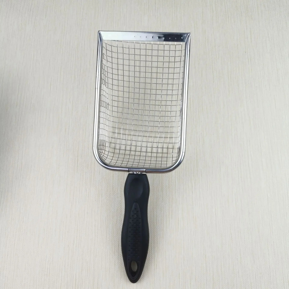 Stainless steel cat litter scoop with a fine mesh sifter and black handle