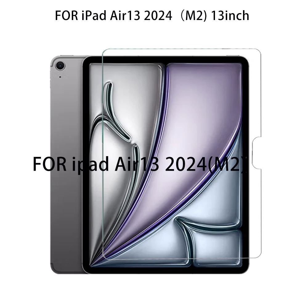A clear protective film is shown on an iPad screen, demonstrating a tempered glass screen protector for the iPad Air 13 2024 