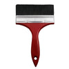 A red and silver paint brush with a black bristled head and a plastic handle.