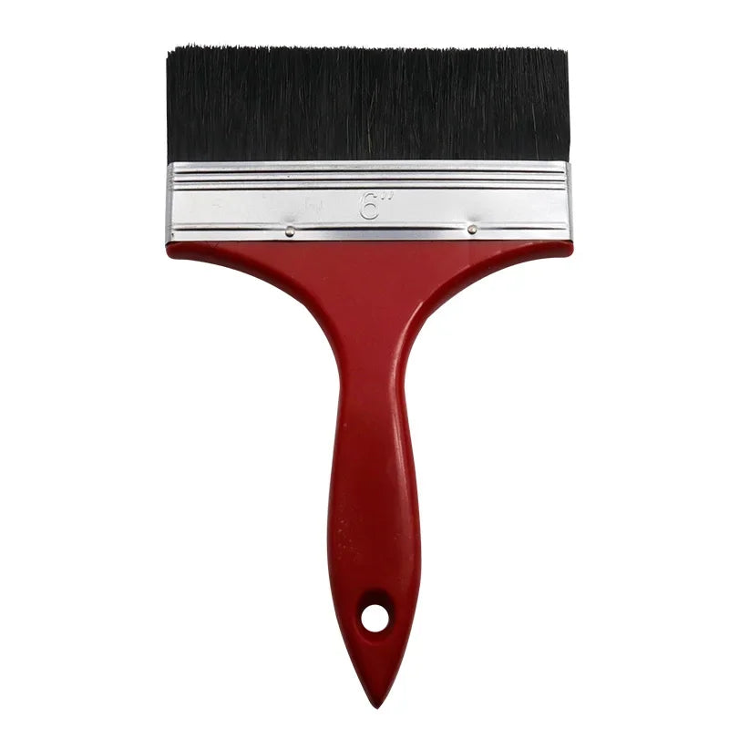 A red and silver paint brush with a black bristled head and a plastic handle.