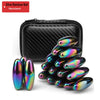 A set of iridescent oval magnetic fidget balls displayed next to their black storage case.