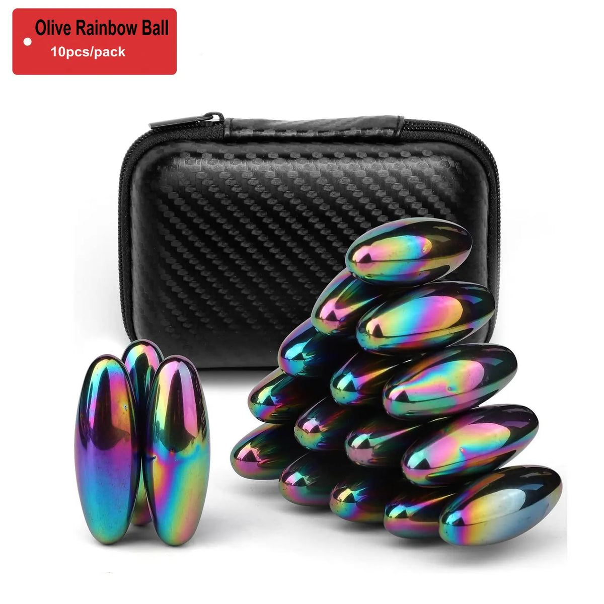A set of iridescent oval magnetic fidget balls displayed next to their black storage case.