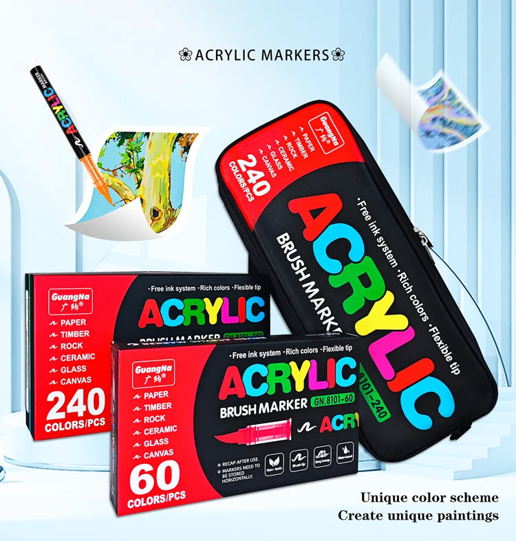 Set an Acrylmarker in verschiedenen Farben und Spitzen, präsentiert in einer schwarzen Hülle mit Farben.