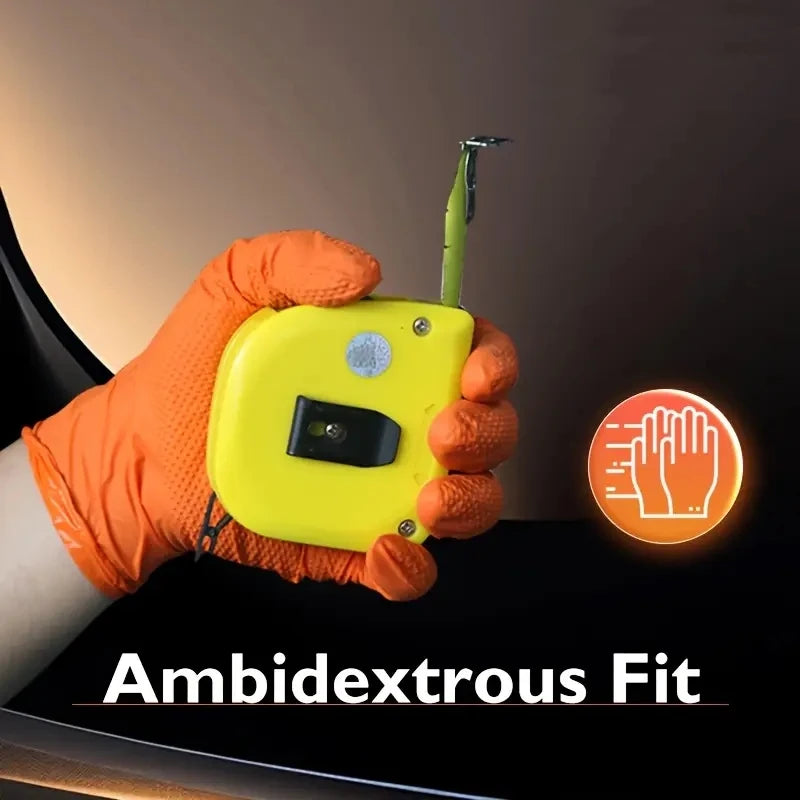 A hand wearing an orange glove is holding a yellow ambidextrous fit device with a green tool attached.