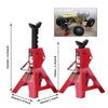 Red metal jack stands with black handles and silver legs shown next to a yellow RC vehicle.