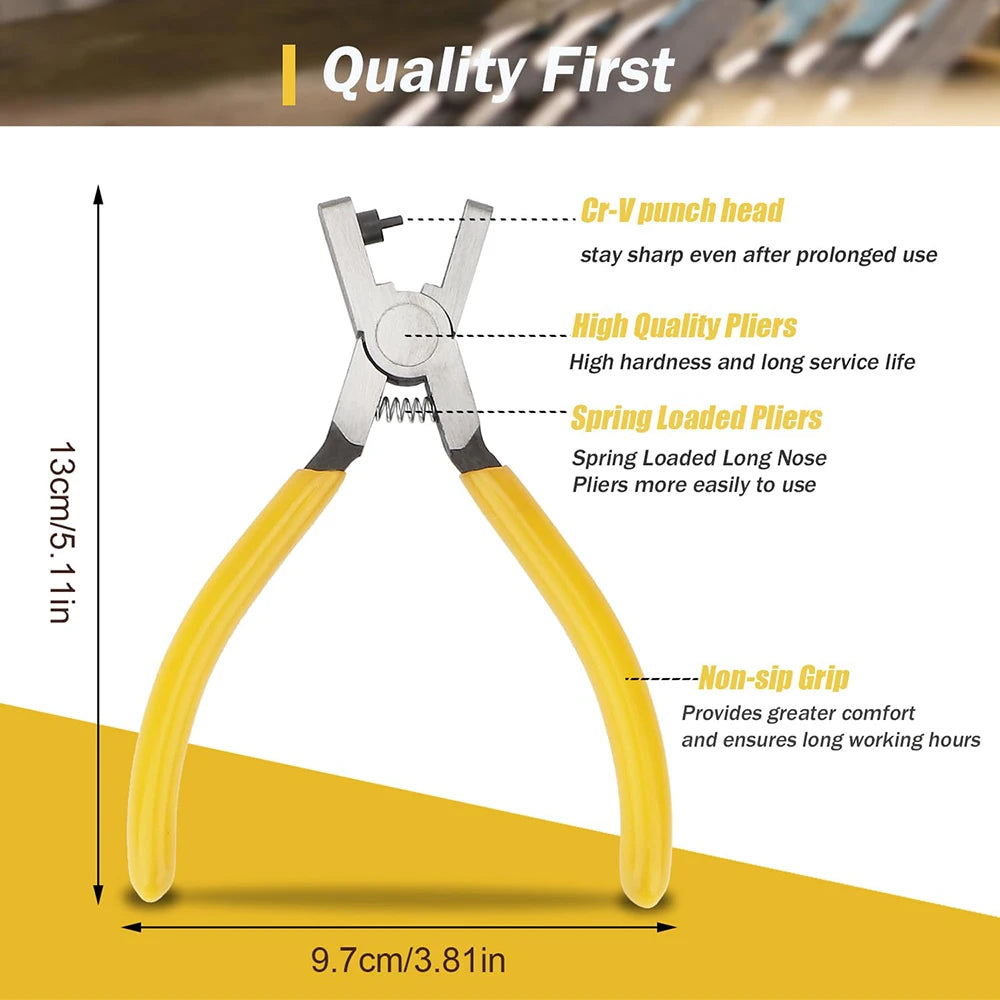 Yellow leather hole punch pliers with Cr-V punch head and non-slip grip