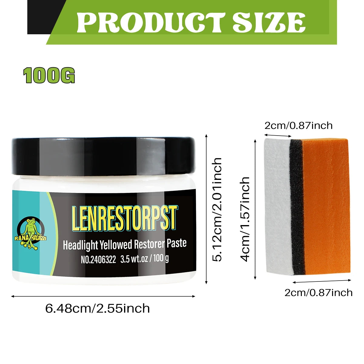A jar of Lenrestorpst headlight yellow restorer paste, 100g, shown next to a rectangular orange and black product sample.