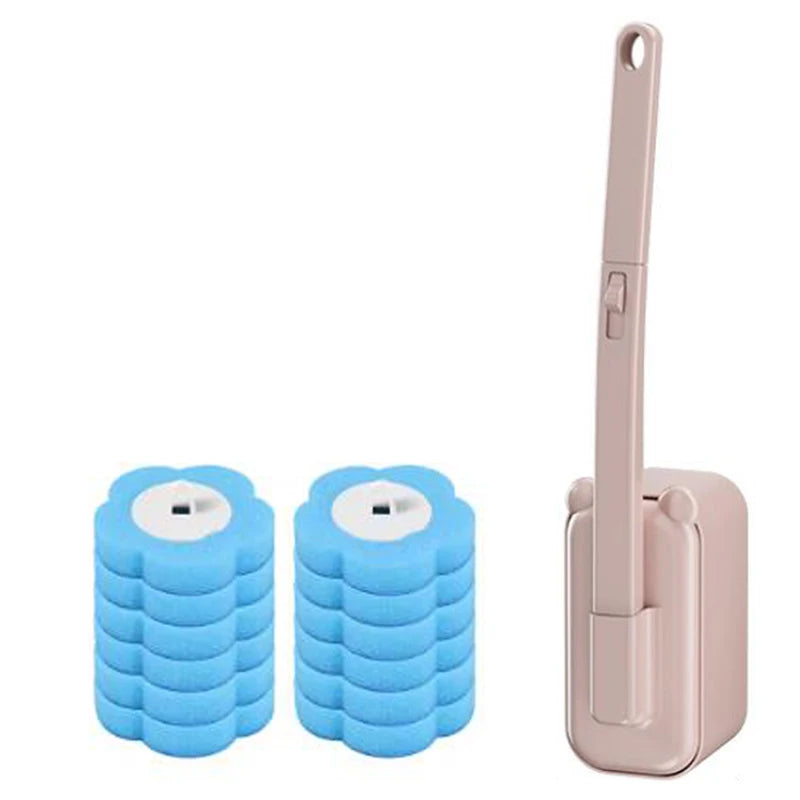 A set of wall-mounted disposable toilet brush heads in light pink and blue.