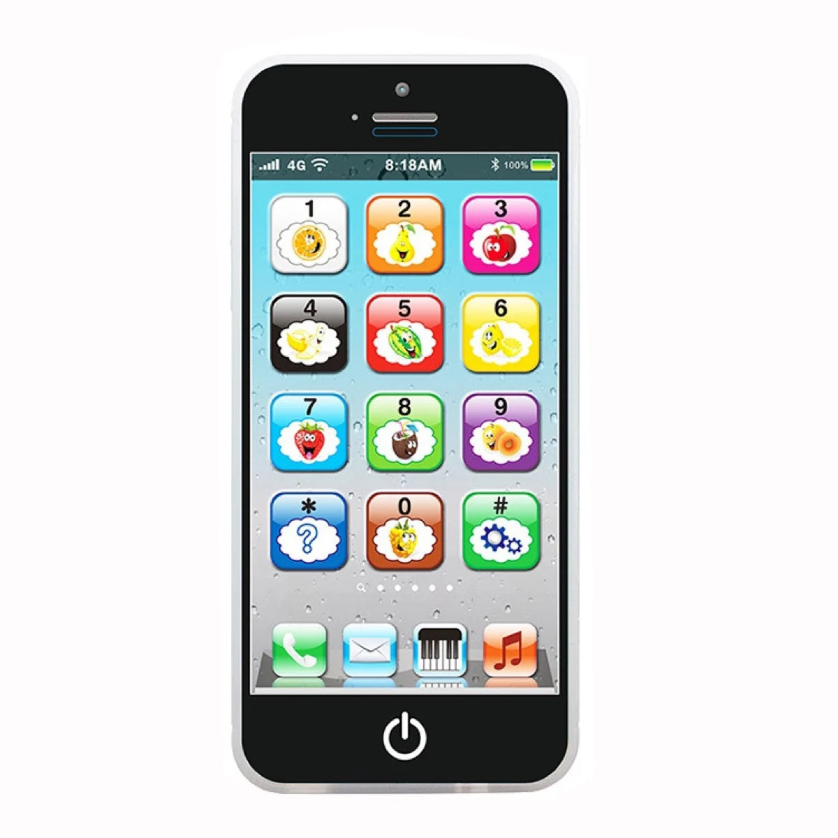 A black smartphone displaying a numeric keypad interface with fruit icons for an interactive learning play phone.