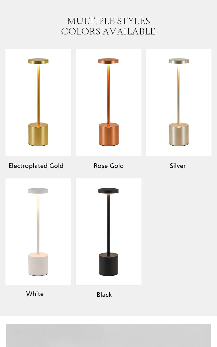 A display of multiple styles and colors for a touch control rechargeable LED table lamp including gold, rose gold, silver, wh