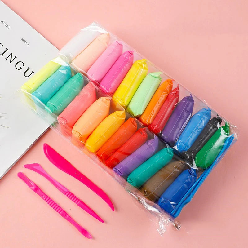 A plastic bag containing 36 colored clay modeling tools and sculpting instruments.