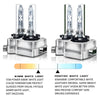 A pair of HID Xenon headlight bulbs with warm white and positive white light options displayed on a silver base.