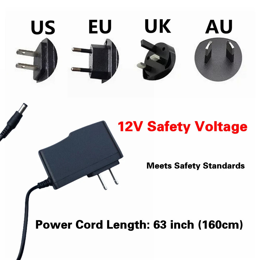 Set of four 12V safety voltage LED neon sign mounting brackets for US, EU, UK, and AU standards with a power cord.