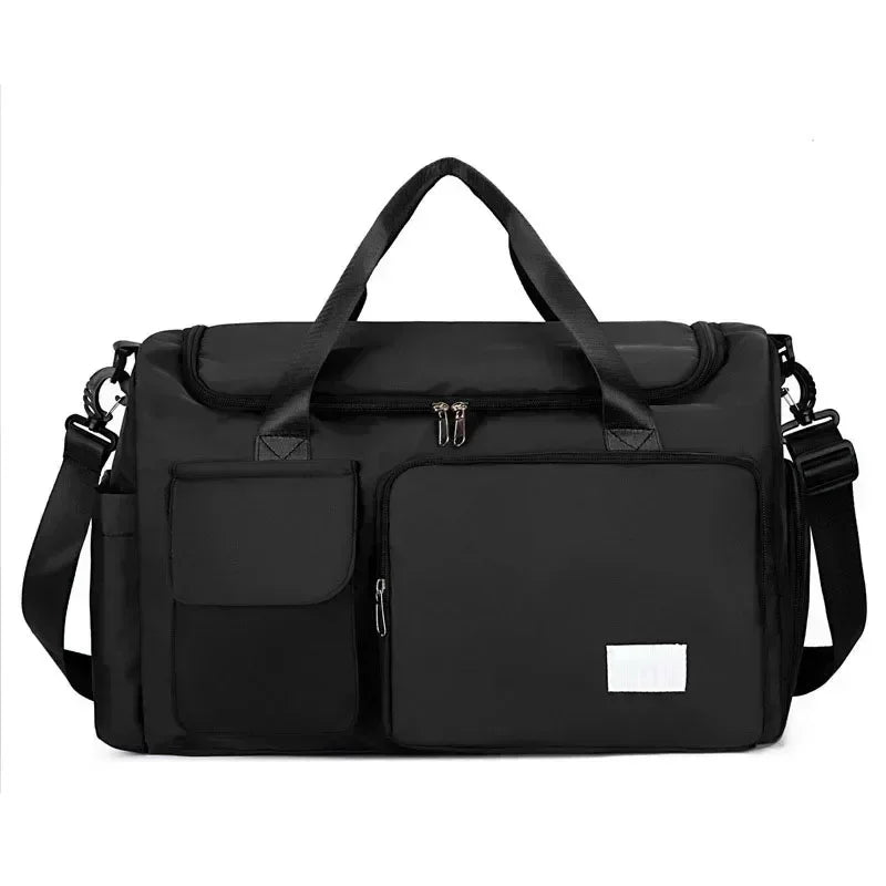 Black large capacity travel duffel bag with a shoe compartment and carrying handles