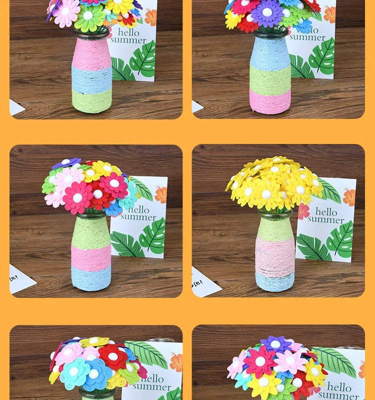 A set of colorful felt and button flowers arranged in glass vases for a DIY bouquet making craft kit.