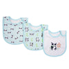 A set of three soft cotton baby bibs featuring various cartoon animal prints on a light blue background.