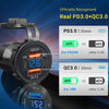 A close-up of a PD3.0+QC3.0 car charger with LED displays showing battery percentage and wattage information.