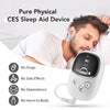 A white handheld CES sleep aid device is shown next to a man sleeping peacefully.