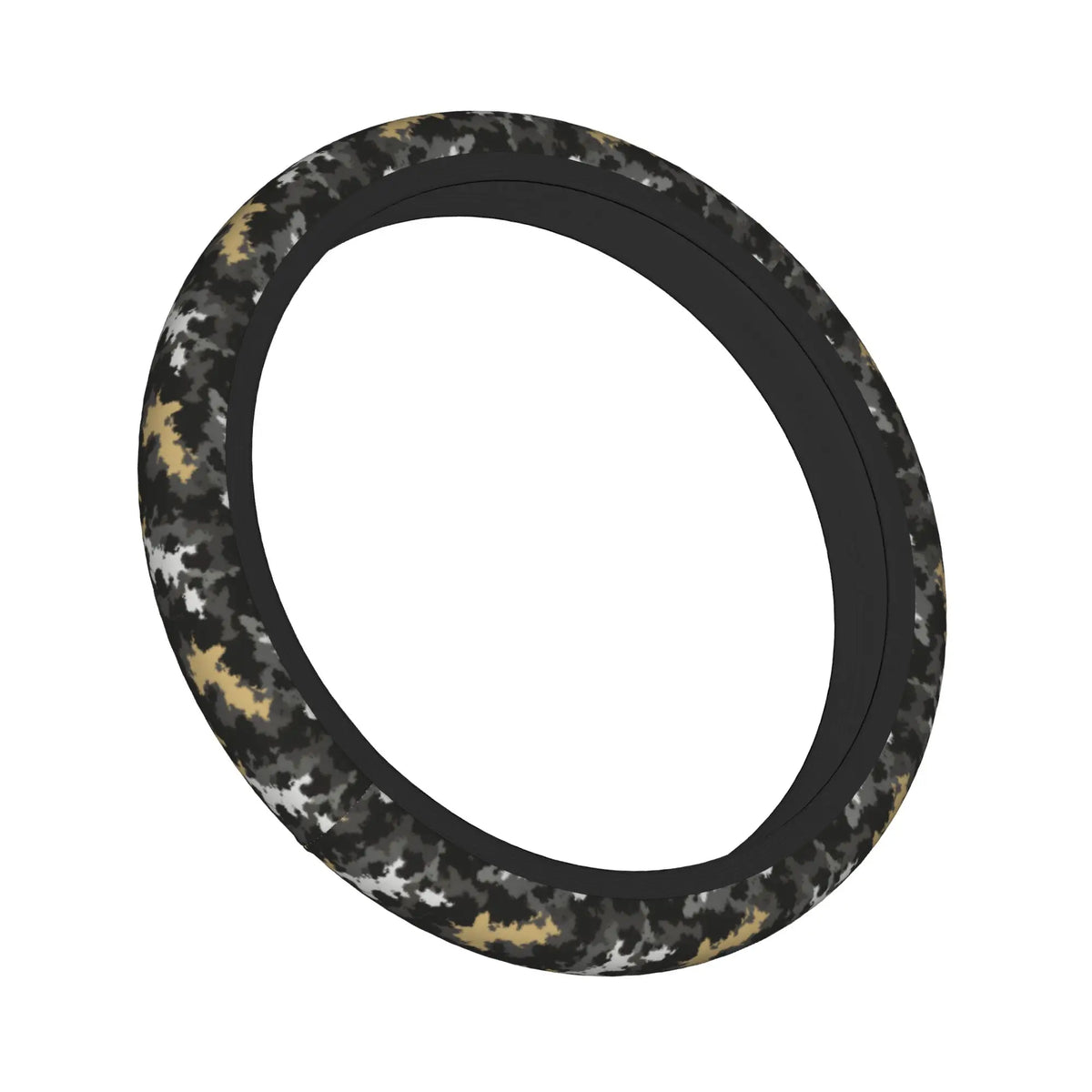 A black steering wheel cover with a camouflage pattern.