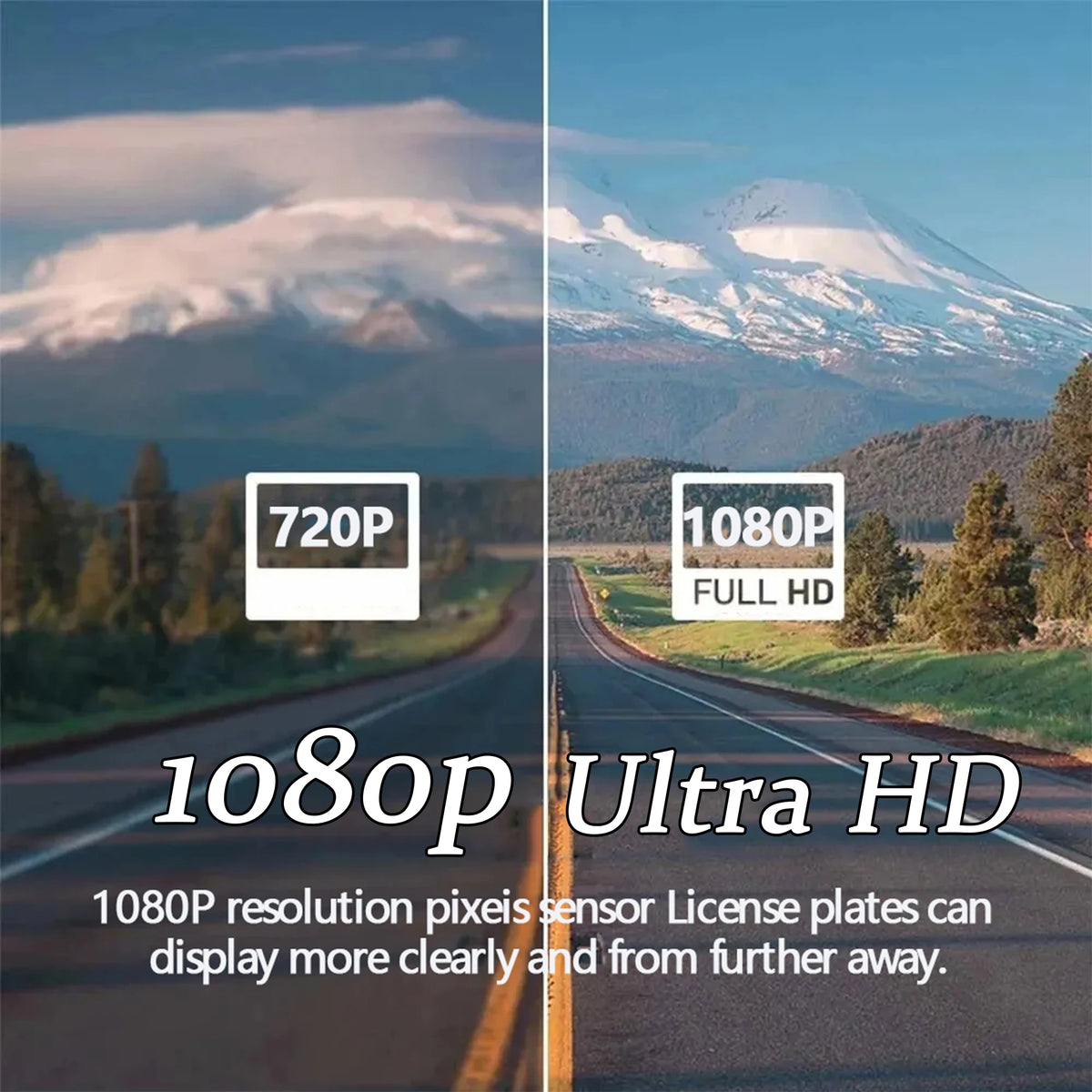 Comparison of 720P and 1080P Ultra HD camera resolution on a scenic road.