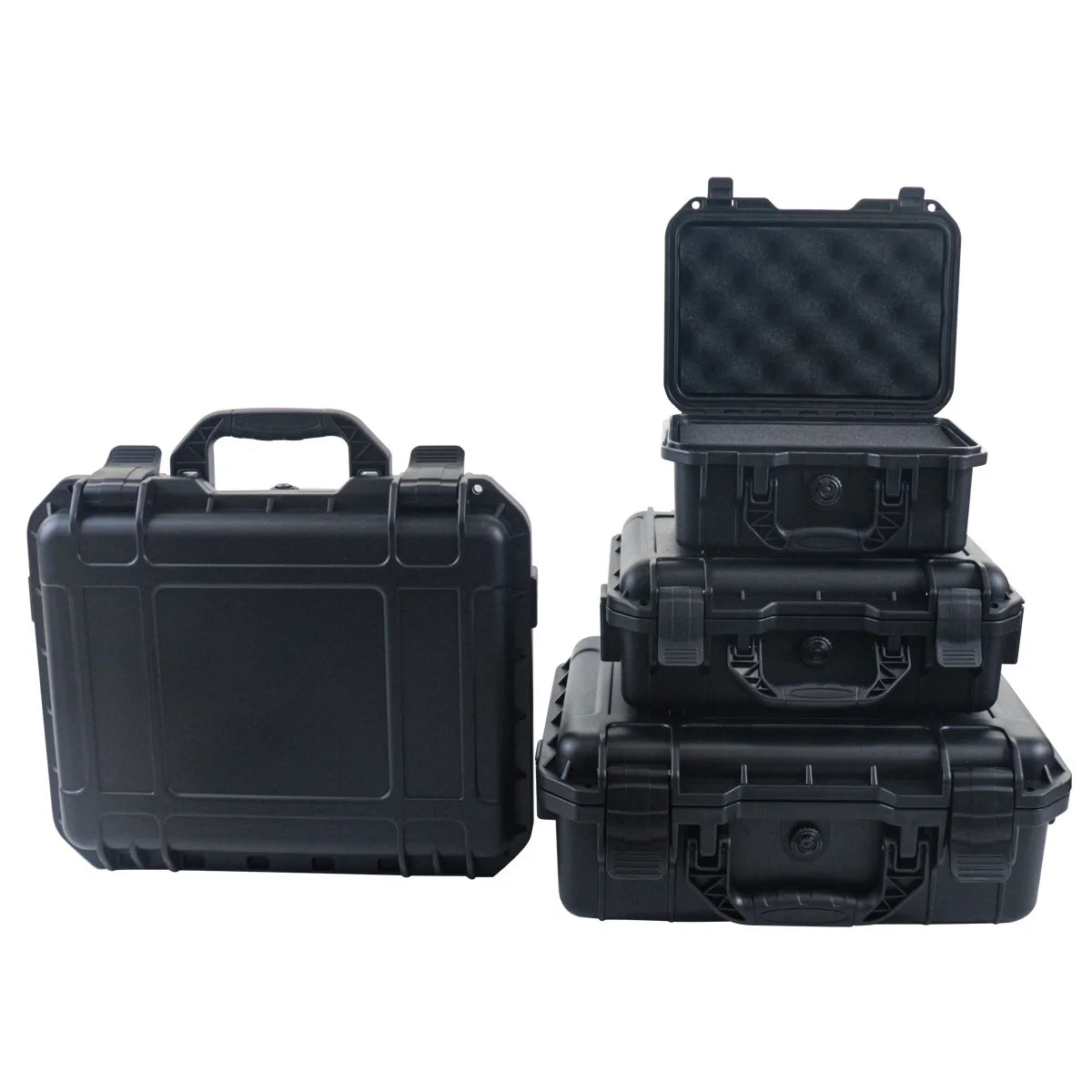 Black rugged waterproof hard case with a customizable foam insert and an open lid.