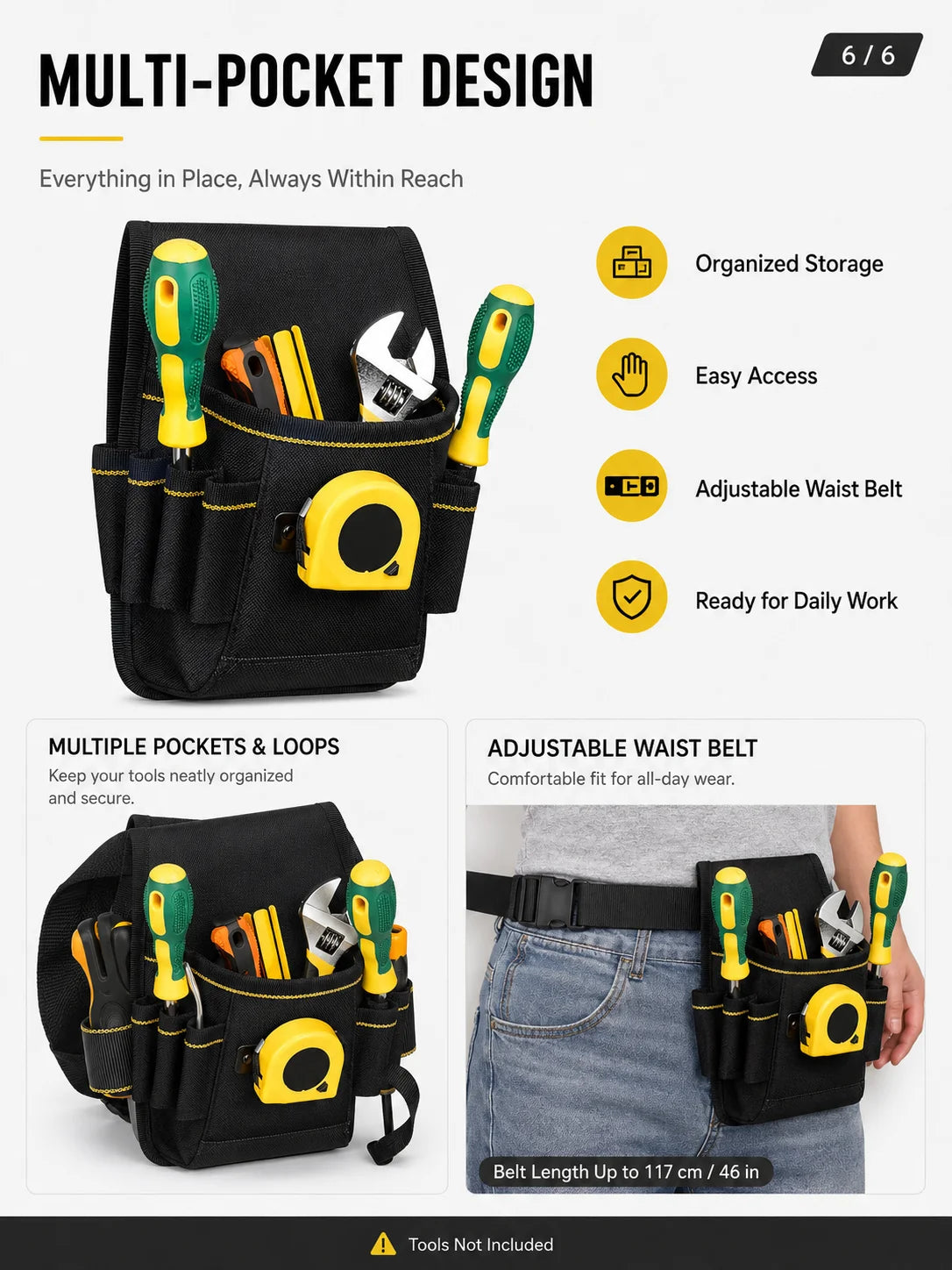 Black multi-pocket tool pouch with yellow accents shown in use with an adjustable waist belt