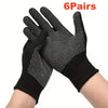 Six pairs of black knitted anti-slip work gloves with a dotted grip shown on a wrist.