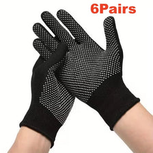 Six pairs of black knitted anti-slip work gloves with a dotted grip shown on a wrist.