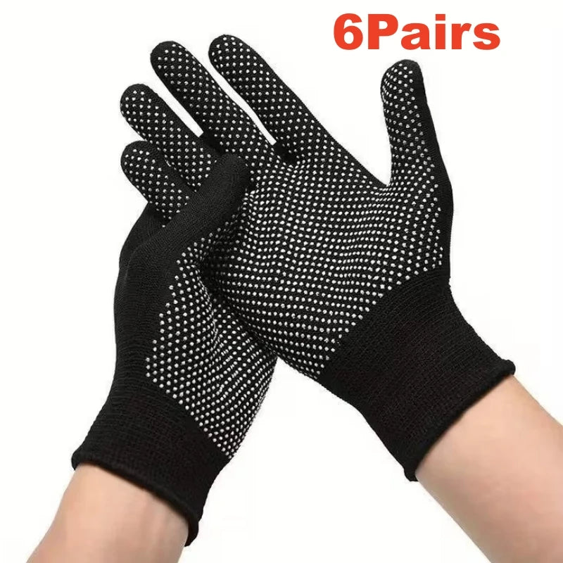 Six pairs of black knitted anti-slip work gloves with a dotted grip shown on a wrist.